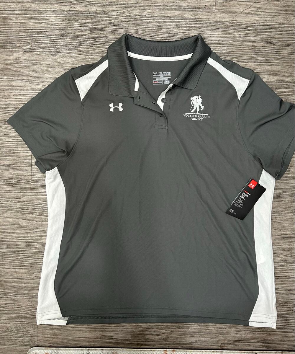 NWT Under Armour Wounded Warrior Project Polo Shirt Gray White Mens 2XL HeatGear